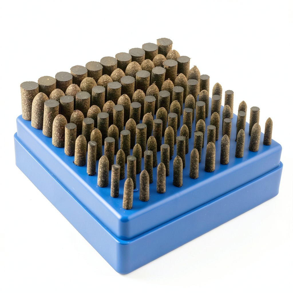 'Luo ke polishing bits set with bullet and cylinder shapes on a workbench'