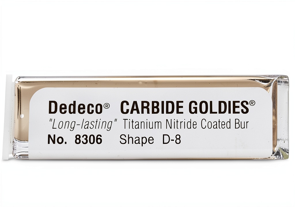 Dedeco Diamond Cut Titanium‑Coated Buffing Point 8306 being used on a dental acrylic crown