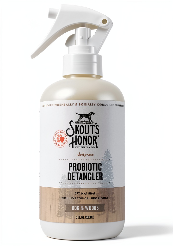 Dog being sprayed with Skout's Honor conditioner